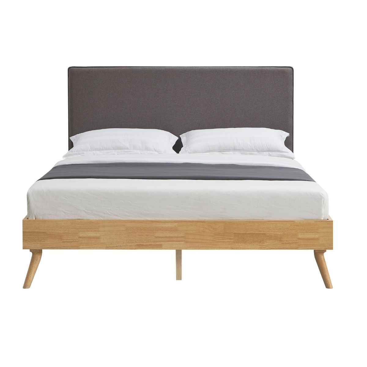 Natural Oak Queen Bed Frame with Grey Fabric Headboard