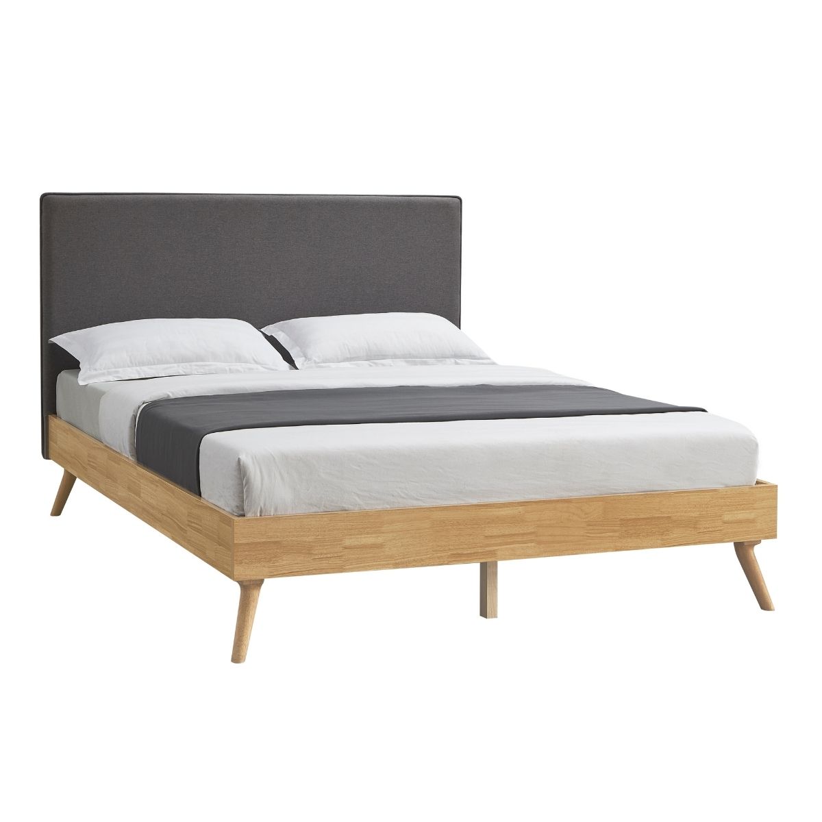 Natural Oak Queen Bed Frame with Grey Fabric Headboard