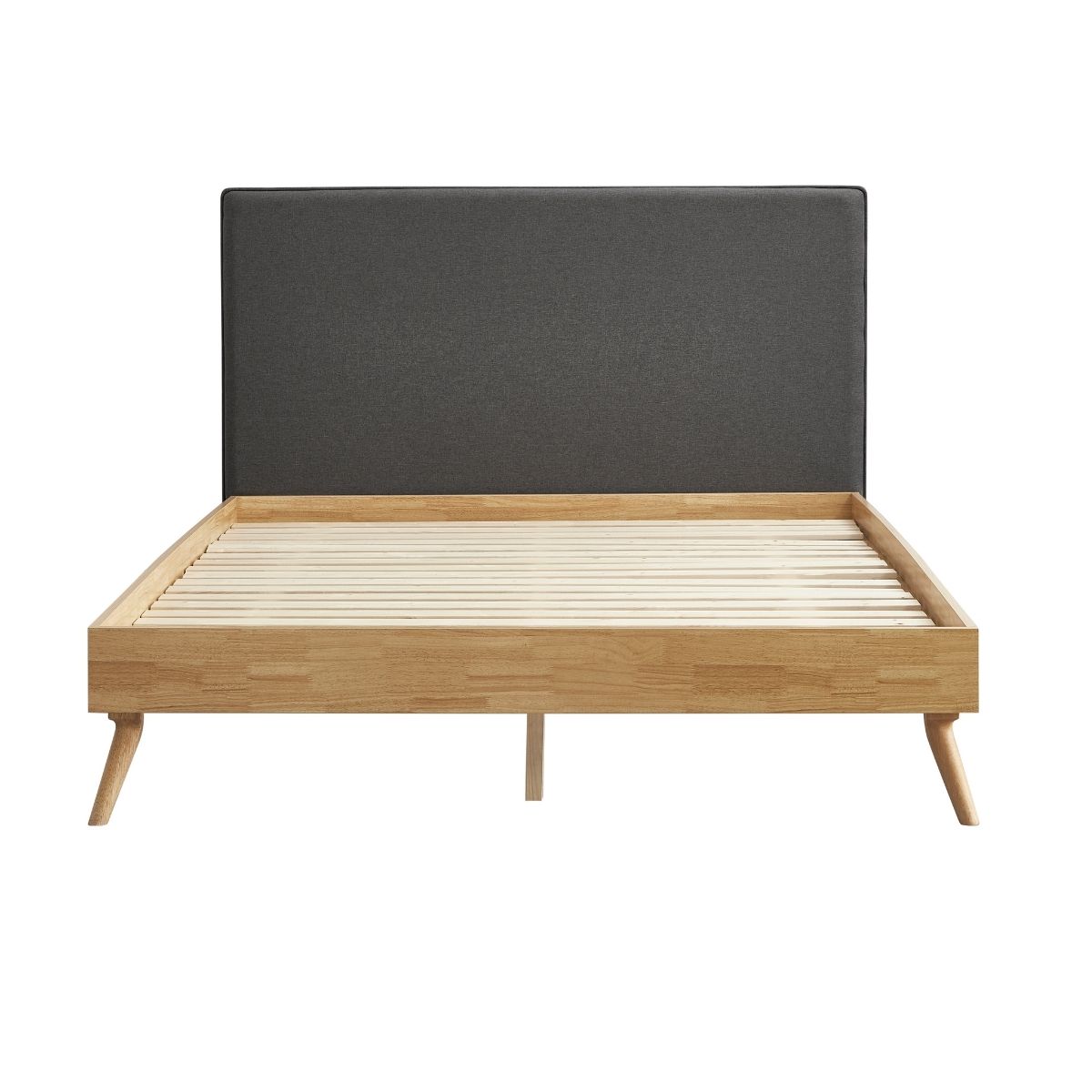 Natural Oak Queen Bed Frame with Grey Fabric Headboard