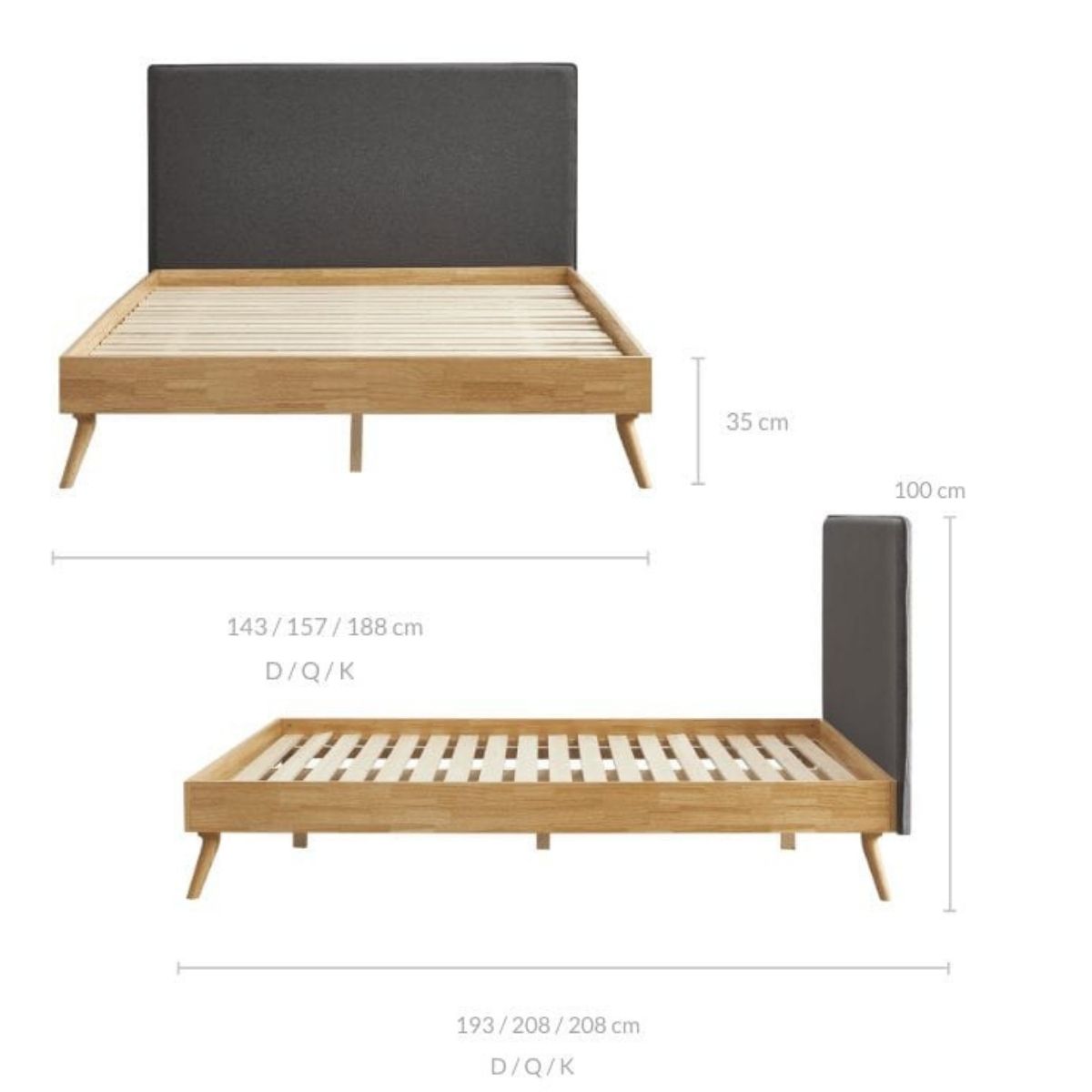 Natural Oak Queen Bed Frame with Grey Fabric Headboard