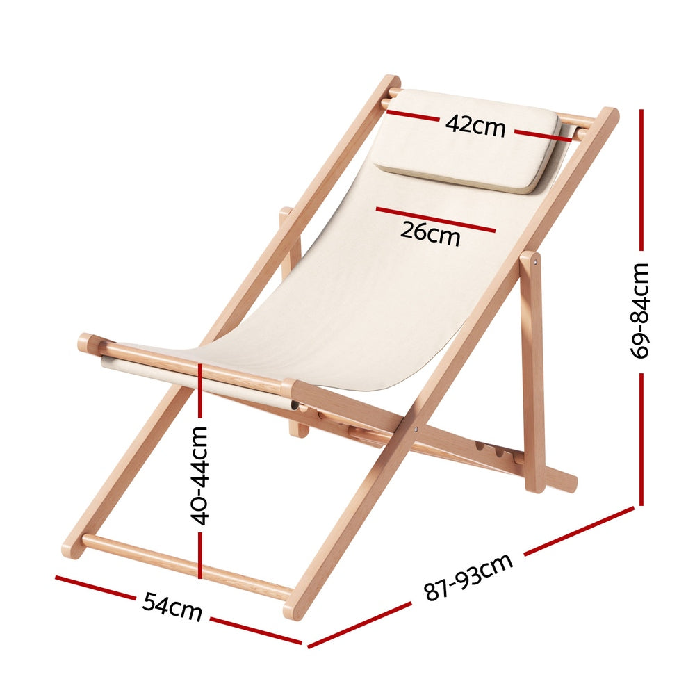 Gardeon Foldable Wooden Beach Chair with Pillow | 4 Positions