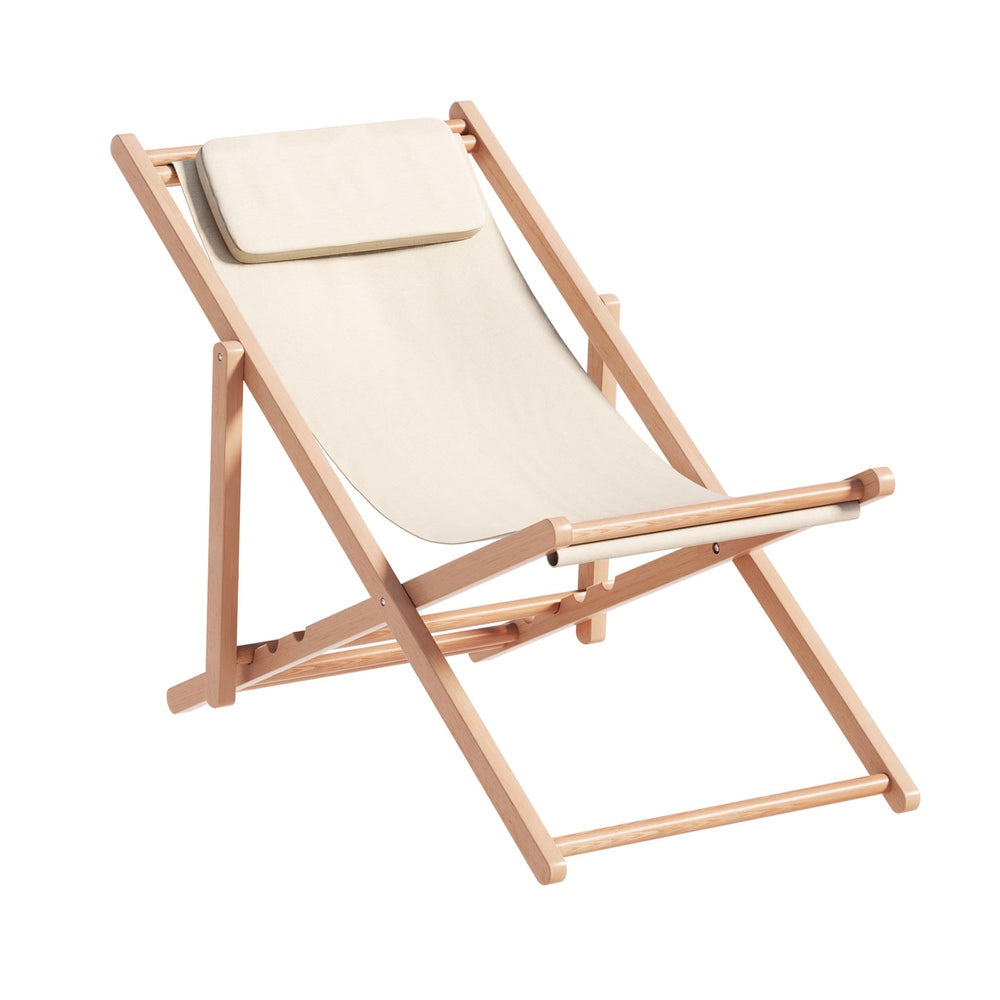 Gardeon Foldable Wooden Beach Chair with Pillow | 4 Positions