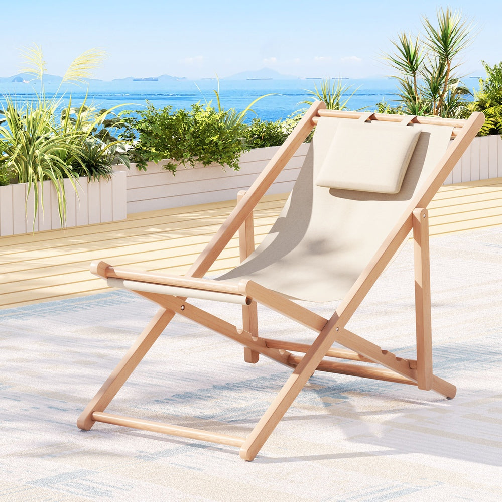 Gardeon Foldable Wooden Beach Chair with Pillow | 4 Positions