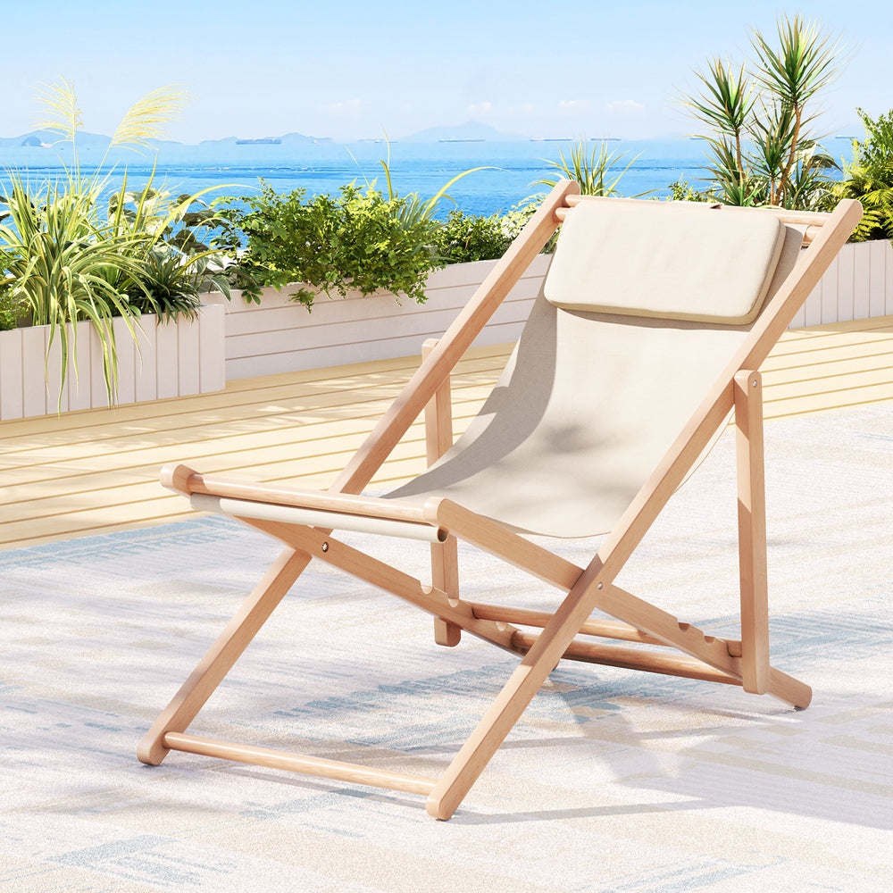 Gardeon Foldable Wooden Beach Chair with Pillow | 4 Positions