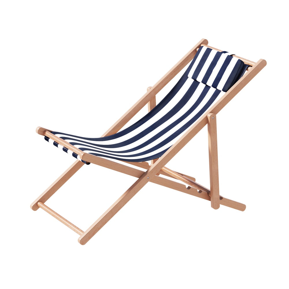 Gardeon Wooden Folding Beach Chair with Pillow | Blue Stripe