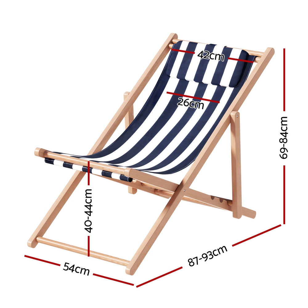 Gardeon Wooden Folding Beach Chair with Pillow | Blue Stripe