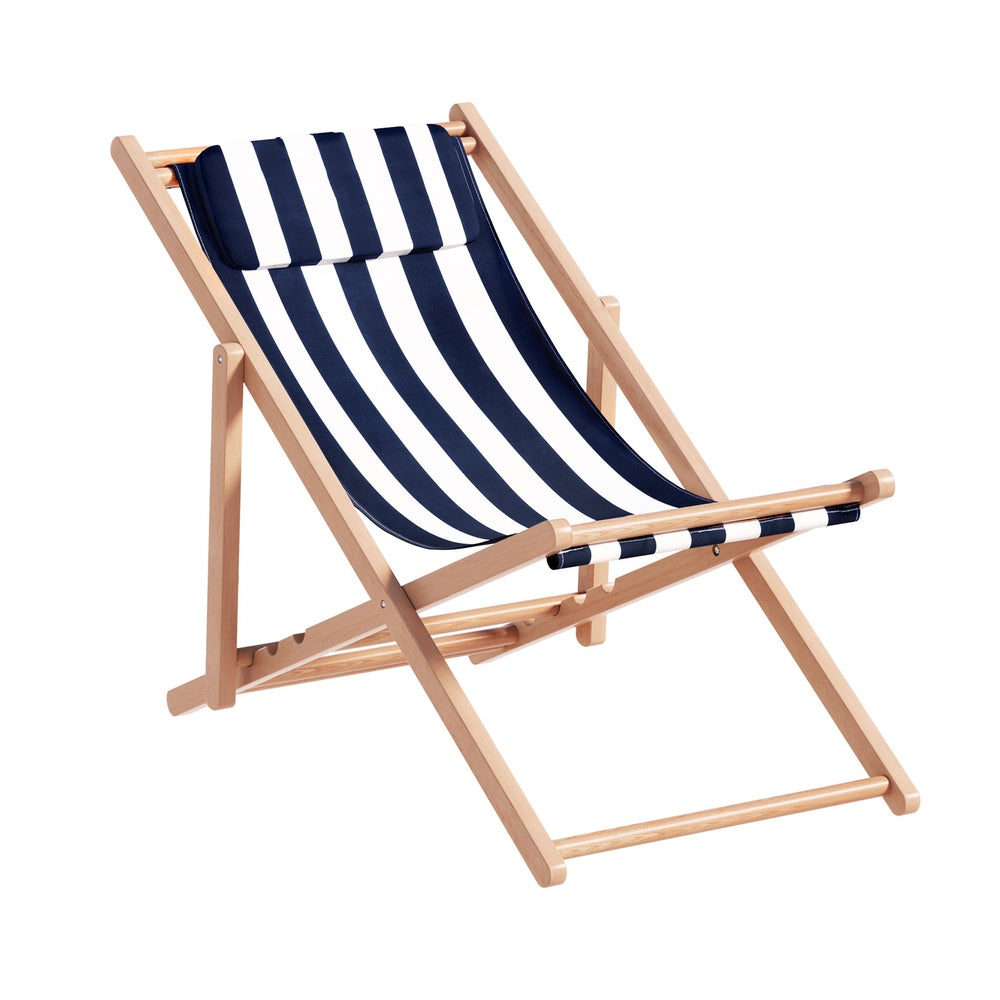 Gardeon Wooden Folding Beach Chair with Pillow | Blue Stripe