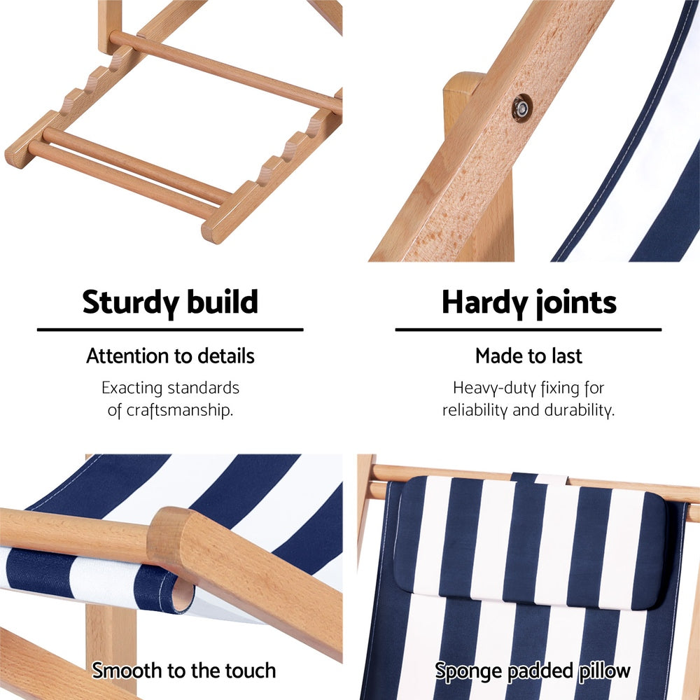 Gardeon Wooden Folding Beach Chair with Pillow | Blue Stripe