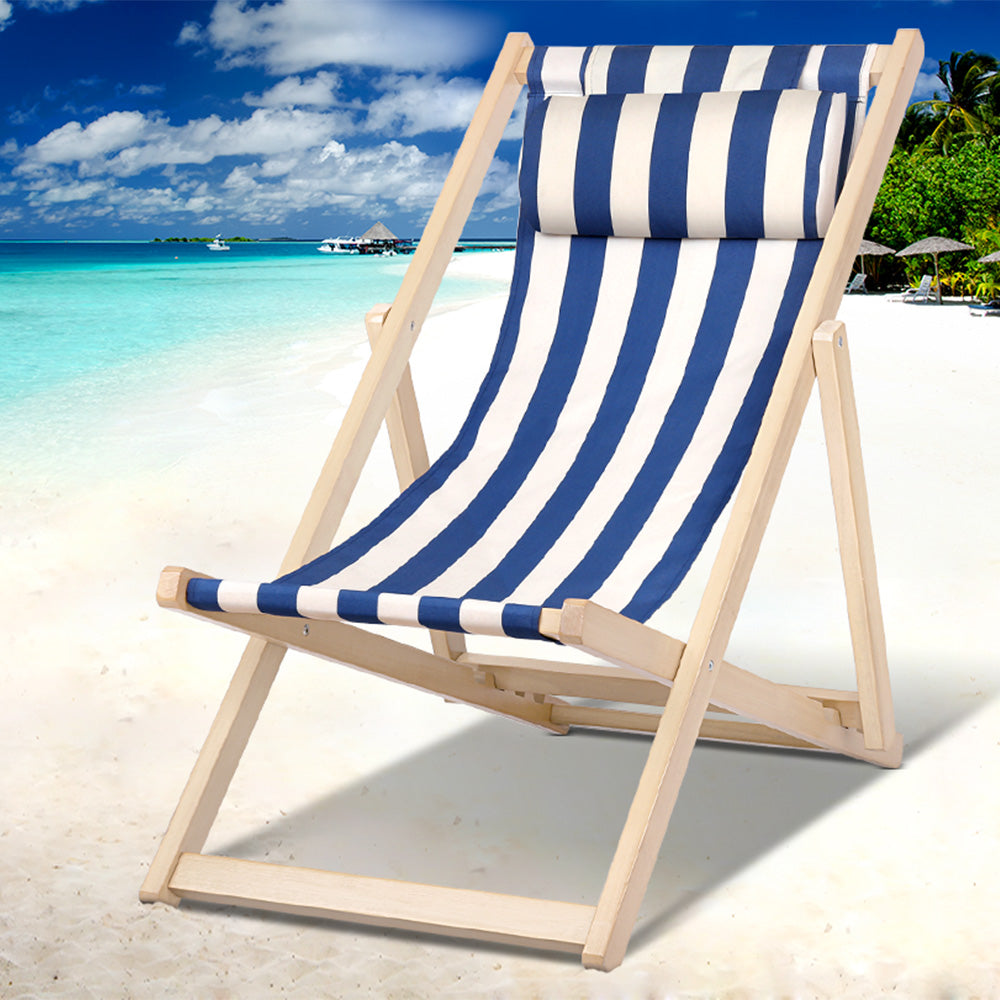 Gardeon Wooden Folding Beach Chair with Pillow | Blue Stripe