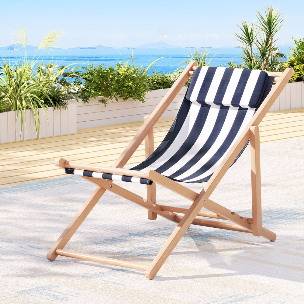 Gardeon Wooden Folding Beach Chair with Pillow | Blue Stripe