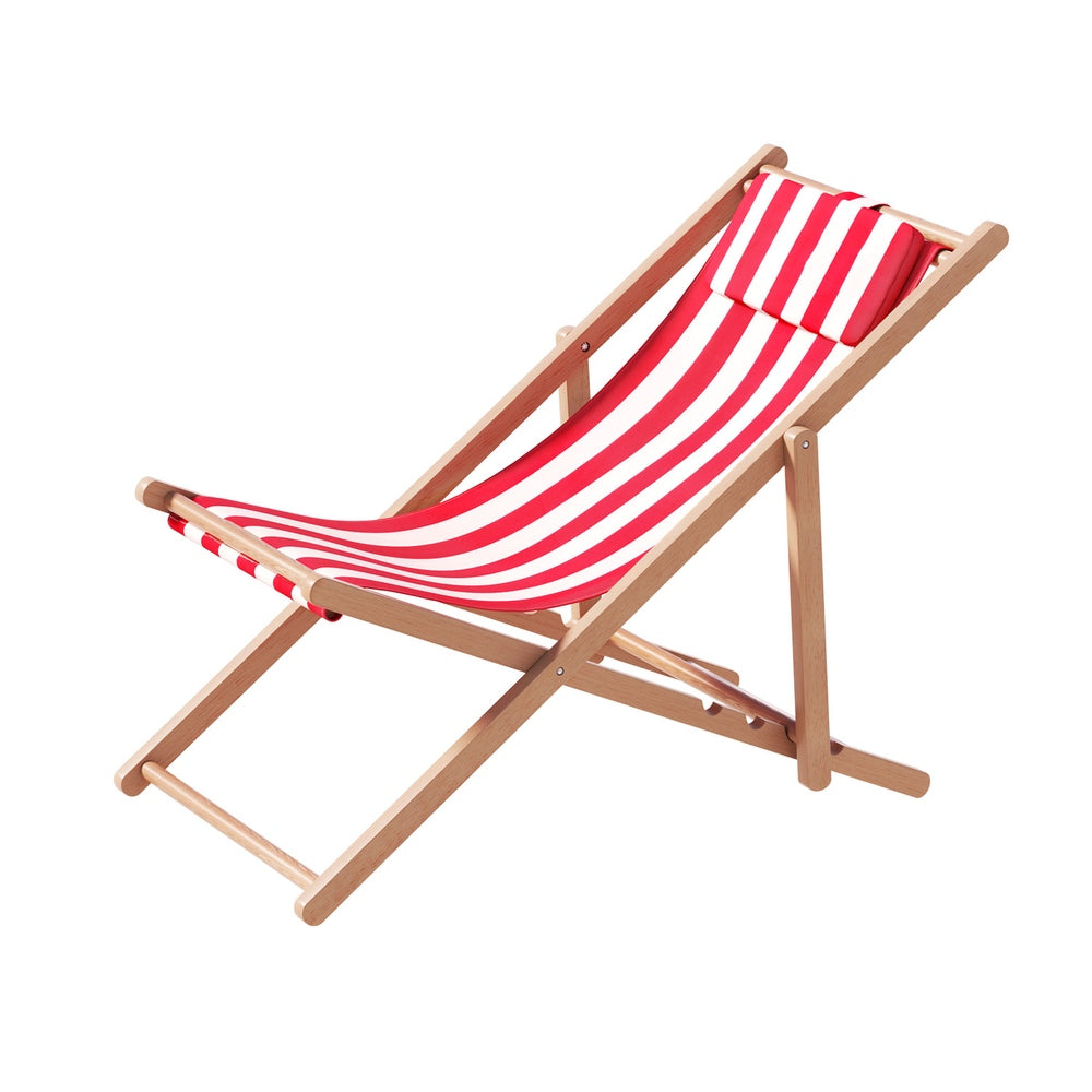 Gardeon Foldable Wooden Beach Chair with Pillow | Red Stripe