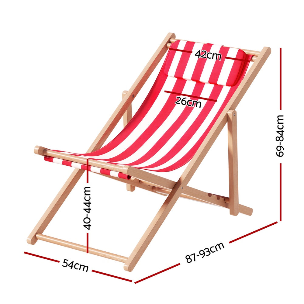 Gardeon Foldable Wooden Beach Chair with Pillow | Red Stripe