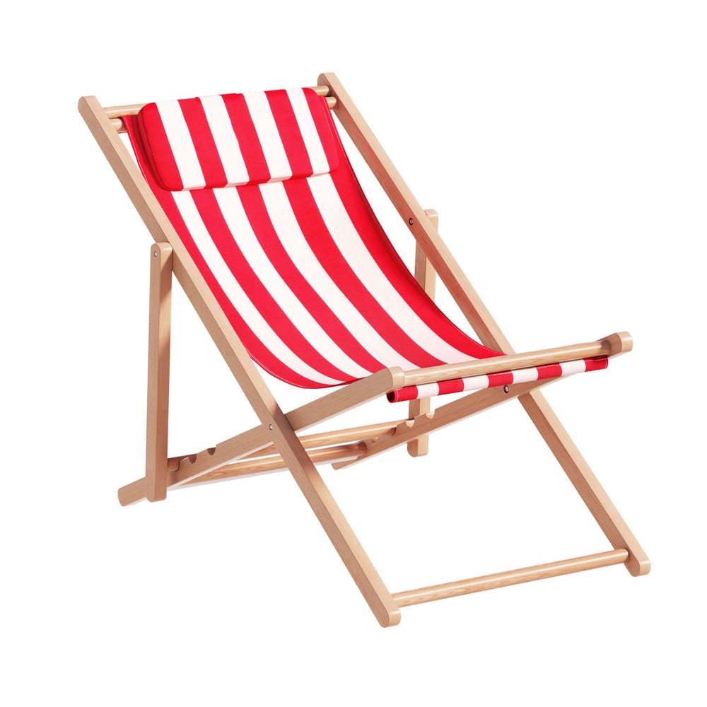 Gardeon Foldable Wooden Beach Chair with Pillow | Red Stripe