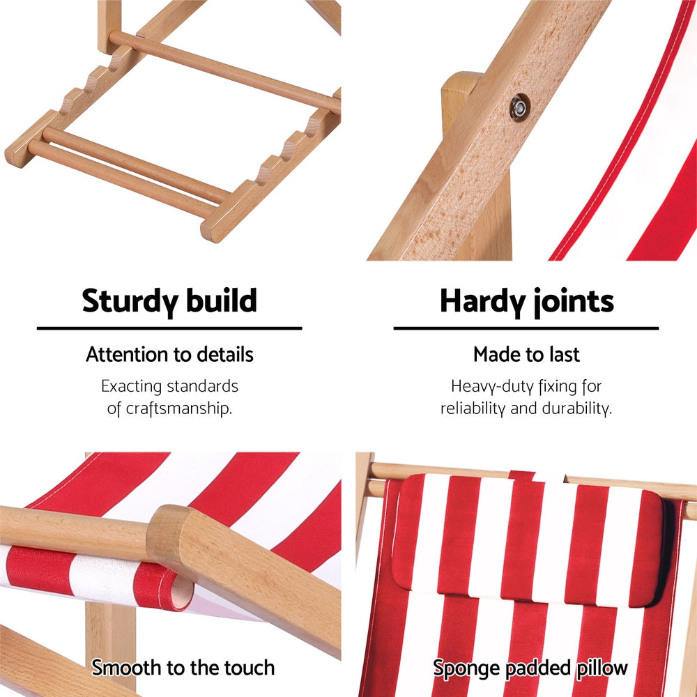 Gardeon Foldable Wooden Beach Chair with Pillow | Red Stripe