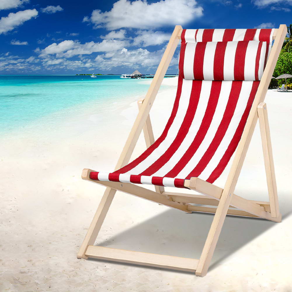 Gardeon Foldable Wooden Beach Chair with Pillow | Red Stripe