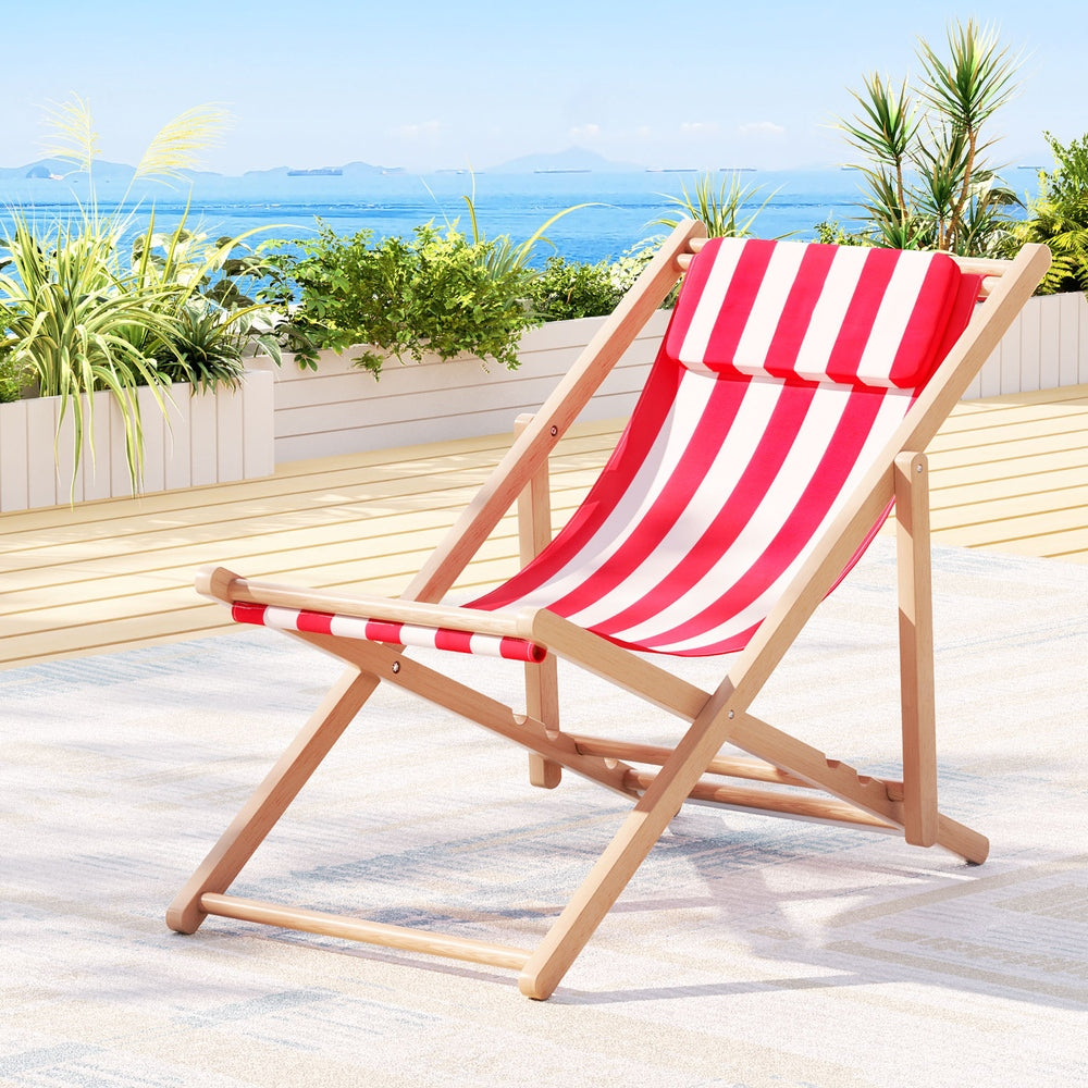 Gardeon Foldable Wooden Beach Chair with Pillow | Red Stripe