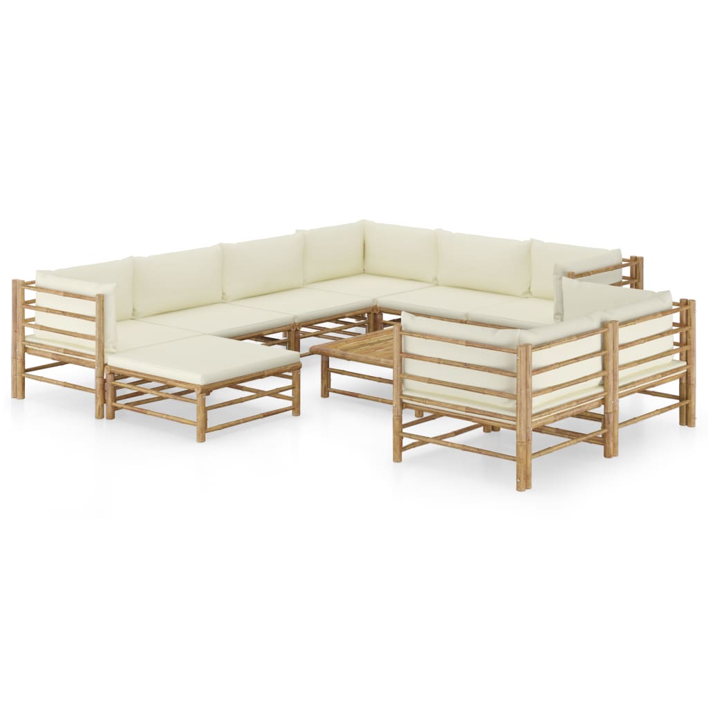 10 Piece Garden Lounge Set with Cream White Cushions Bamboo - Newstart Furniture