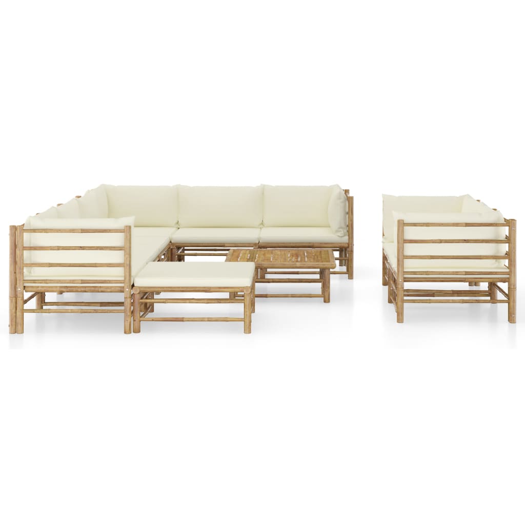 10 Piece Garden Lounge Set with Cream White Cushions Bamboo - Newstart Furniture