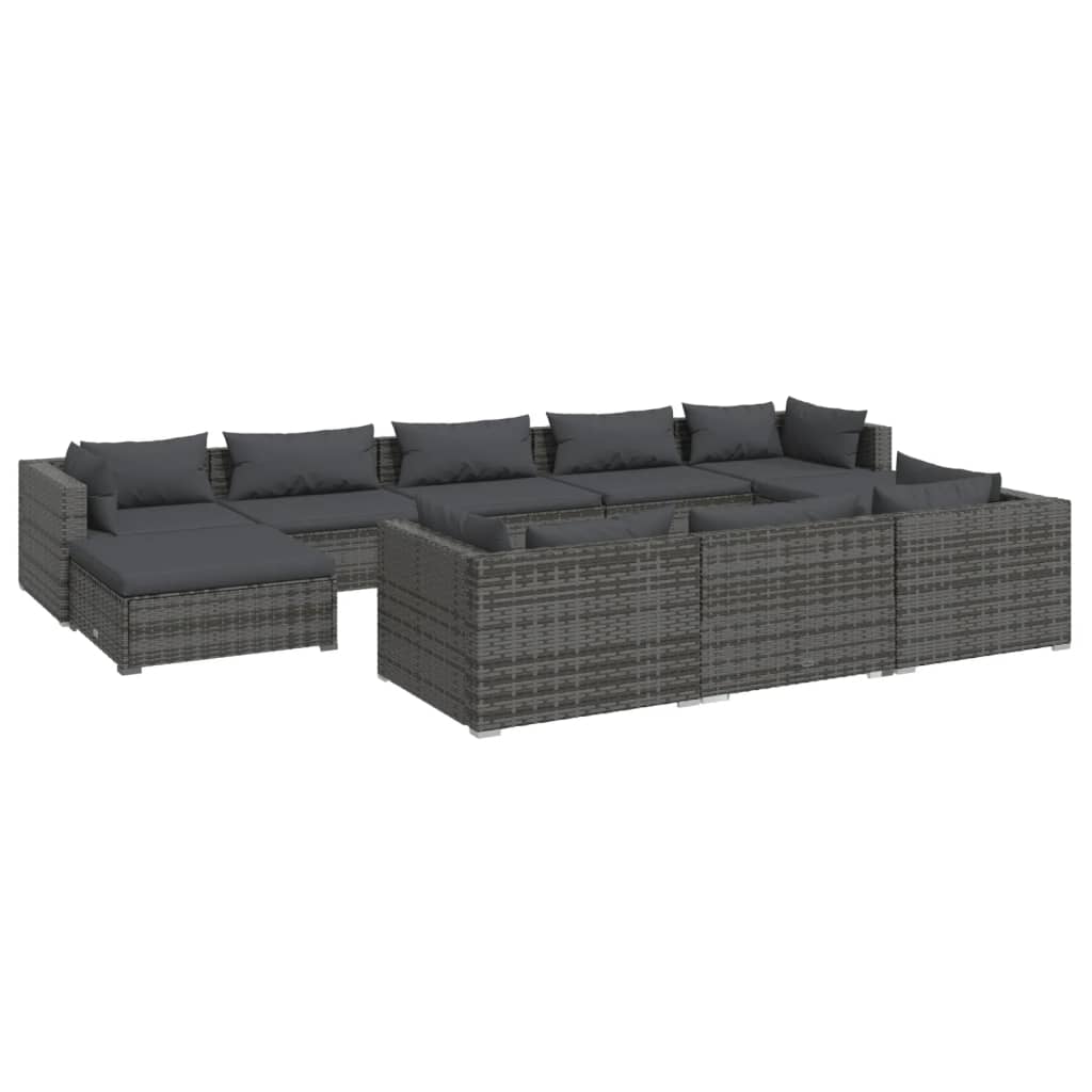 10 Piece Garden Lounge Set with Cushions Grey Poly Rattan - Newstart Furniture