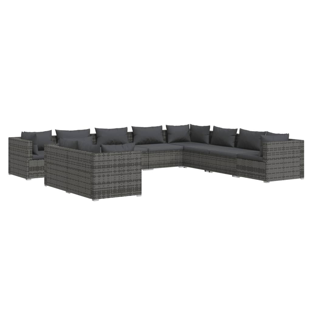 10 Piece Garden Lounge Set with Cushions Grey Poly Rattan - Newstart Furniture