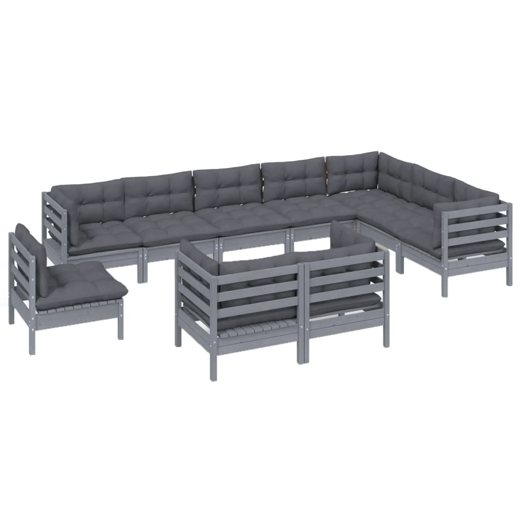 10 Piece Garden Lounge Set with Cushions Grey Solid Pinewood - Newstart Furniture