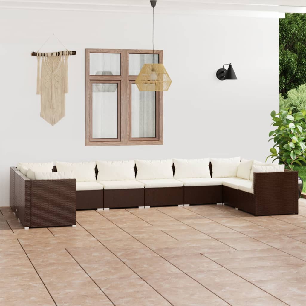 10 Piece Garden Lounge Set with Cushions Poly Rattan Brown - Newstart Furniture