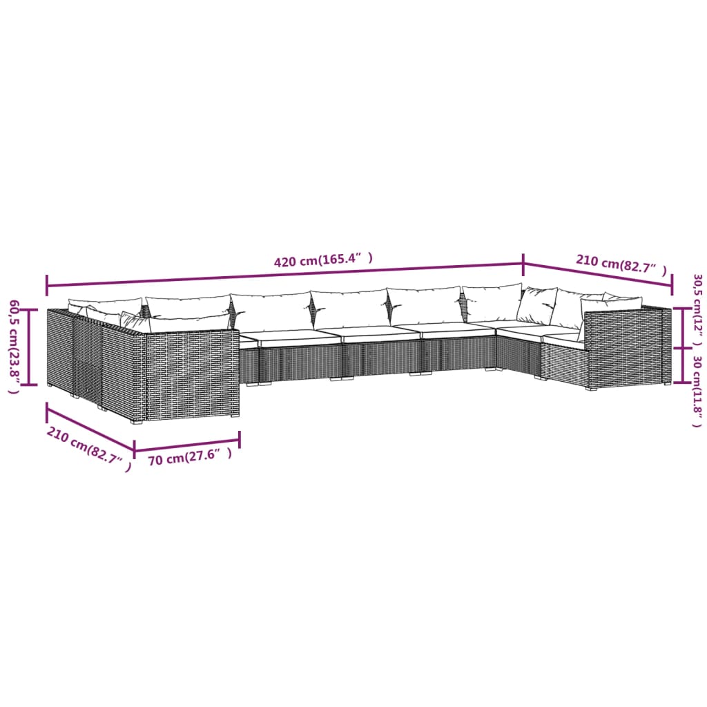 10 Piece Garden Lounge Set with Cushions Poly Rattan Brown - Newstart Furniture