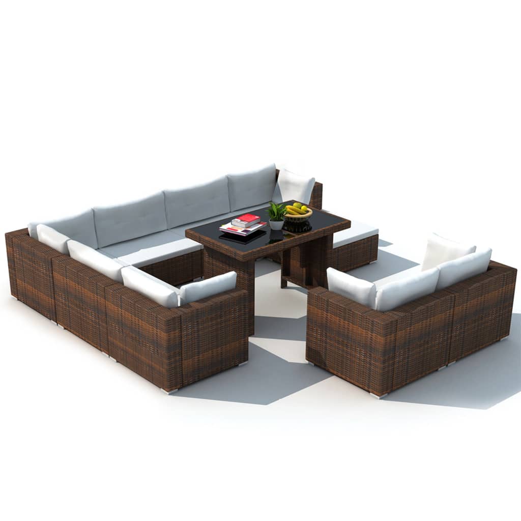 10 Piece Garden Lounge Set with Cushions Poly Rattan Brown - Newstart Furniture