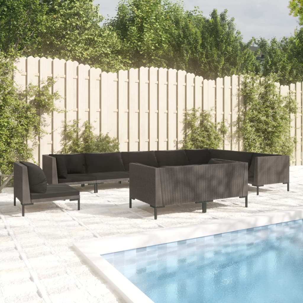 10 Piece Garden Lounge Set with Cushions Poly Rattan Dark Grey - Newstart Furniture