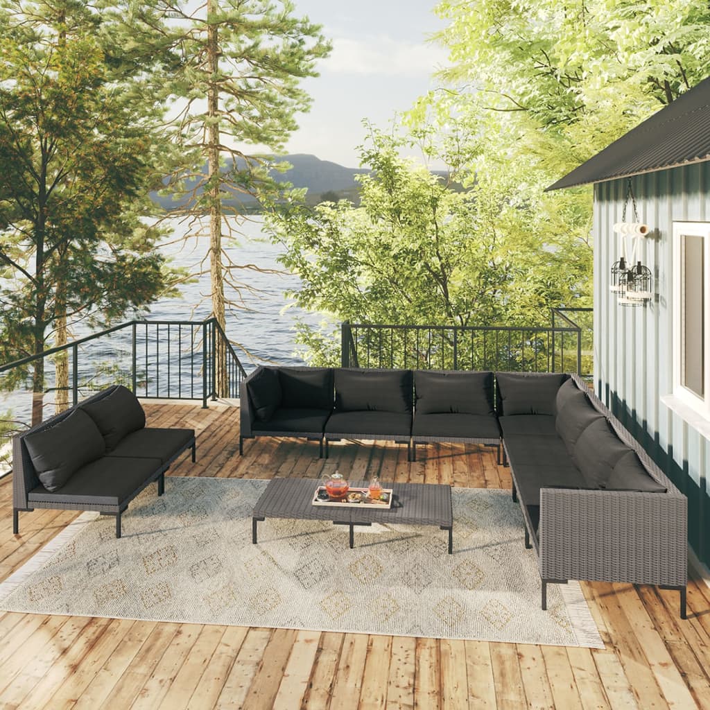 10 Piece Garden Lounge Set with Cushions Poly Rattan Dark Grey - Newstart Furniture