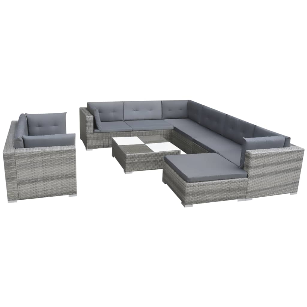 10 Piece Garden Lounge Set with Cushions Poly Rattan Grey - Newstart Furniture