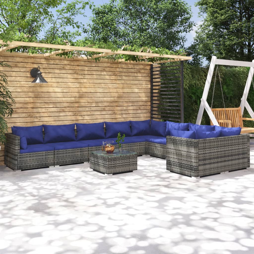 10 Piece Garden Lounge Set with Cushions Poly Rattan Grey - Newstart Furniture