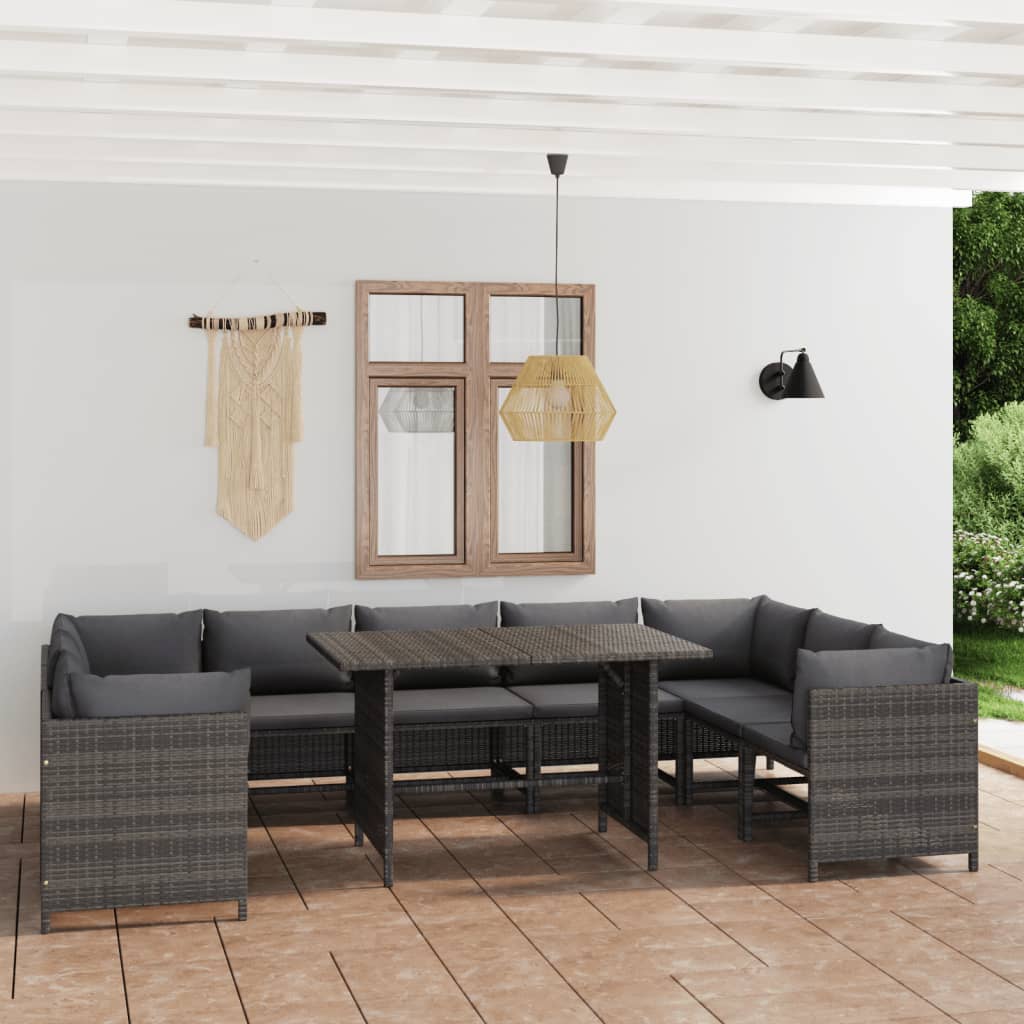 10 Piece Garden Lounge Set with Cushions Poly Rattan Grey - Newstart Furniture