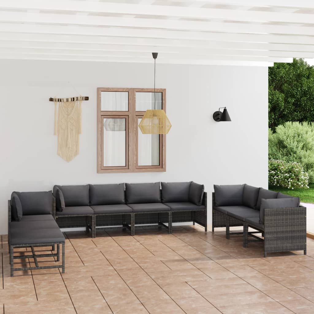 10 Piece Garden Lounge Set with Cushions Poly Rattan Grey - Newstart Furniture