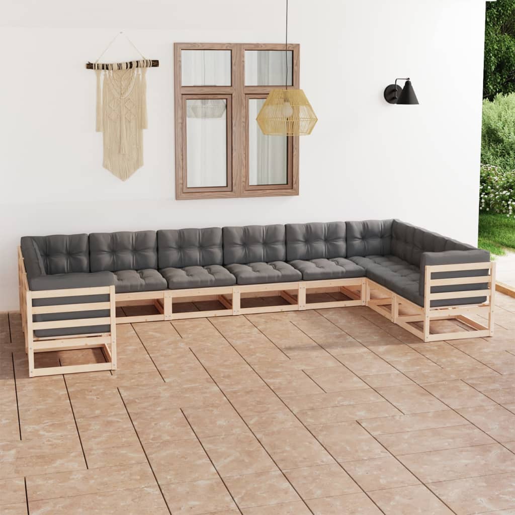 10 Piece Garden Lounge Set with Cushions Solid Pinewood - Newstart Furniture