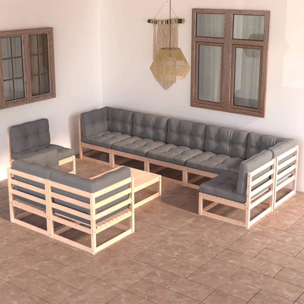 10 Piece Garden Lounge Set with Cushions Solid Pinewood - Newstart Furniture