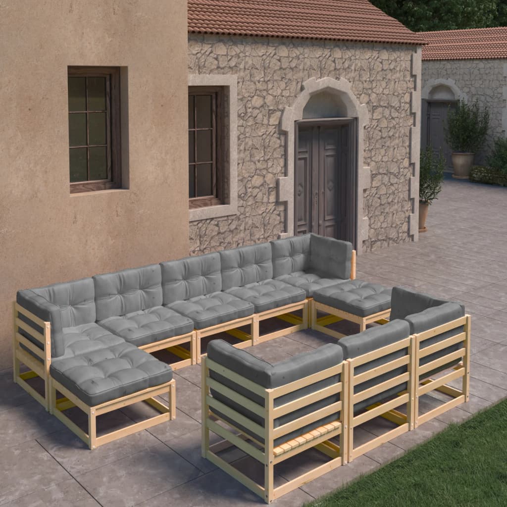 10 Piece Garden Lounge Set with Cushions Solid Pinewood - Newstart Furniture