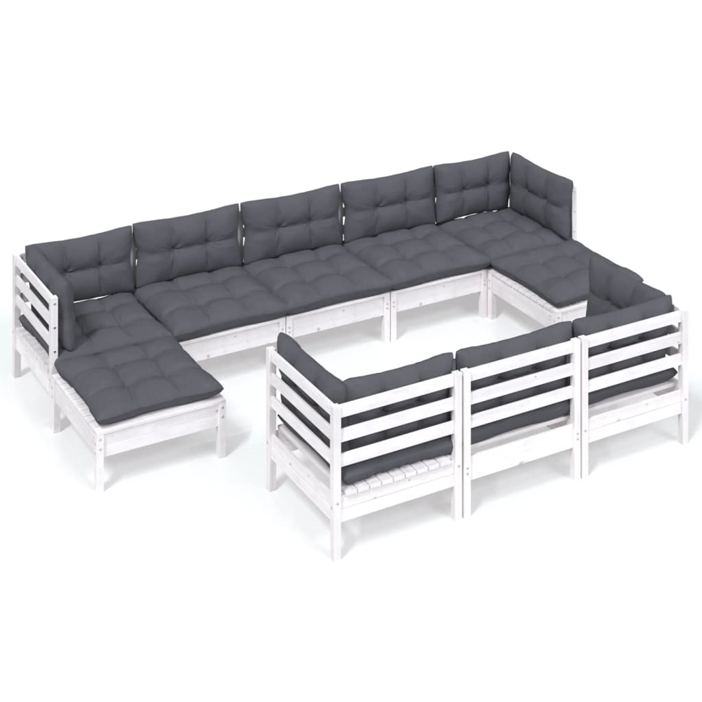 10 Piece Garden Lounge Set with Cushions White Solid Pinewood - Newstart Furniture