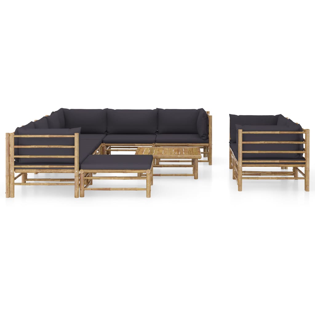 10 Piece Garden Lounge Set with Dark Grey Cushions Bamboo - Newstart Furniture