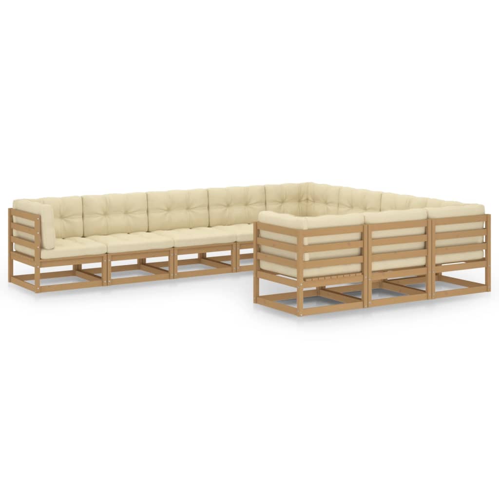 10 Piece Garden Lounge Set&Cushions Honey Brown Solid Pinewood - Newstart Furniture