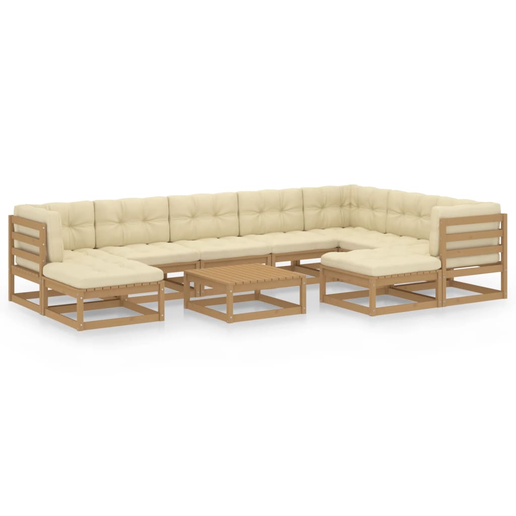 10 Piece Garden Lounge Set&Cushions Honey Brown Solid Pinewood - Newstart Furniture