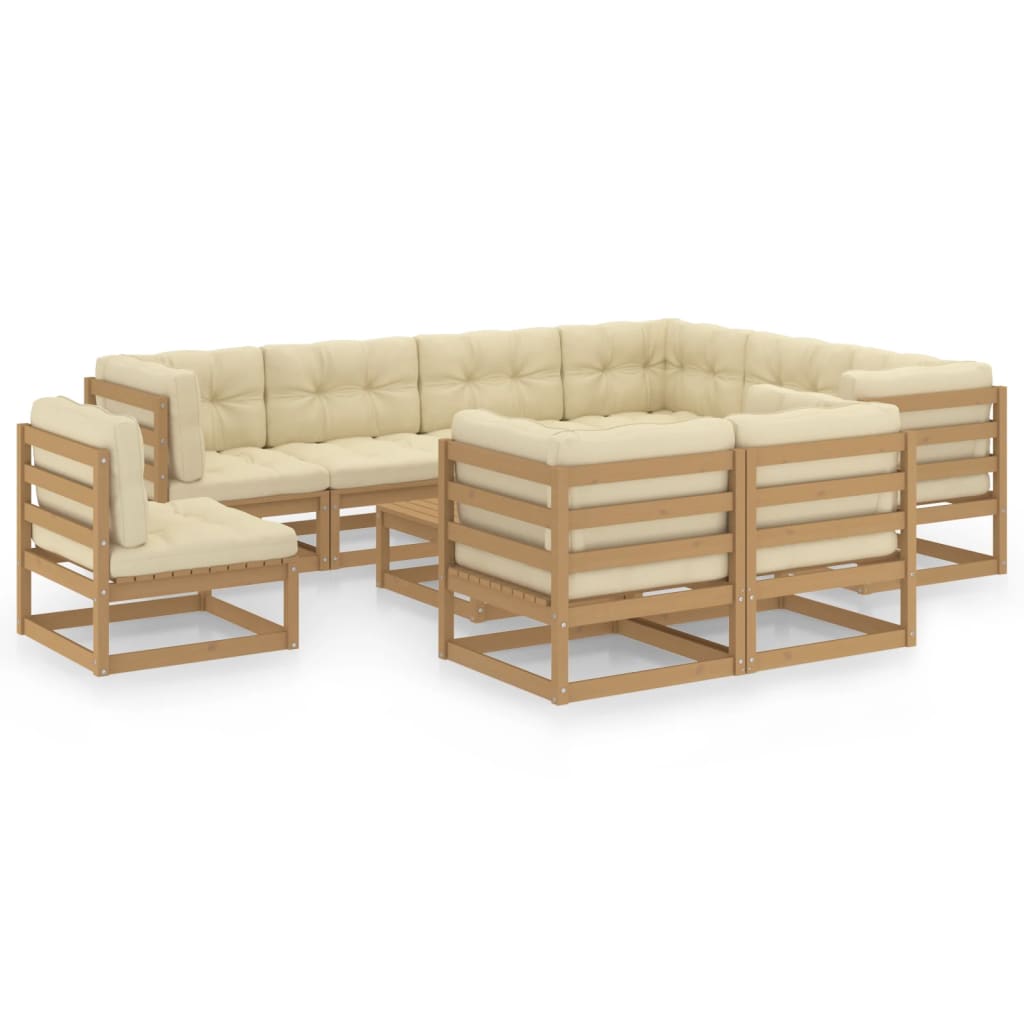 10 Piece Garden Lounge Set&Cushions Honey Brown Solid Pinewood - Newstart Furniture