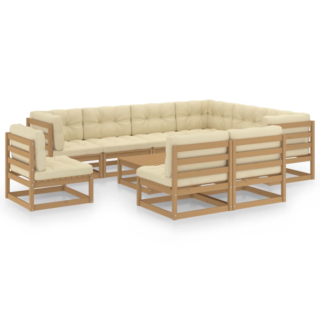 10 Piece Garden Lounge Set&Cushions Honey Brown Solid Pinewood - Newstart Furniture