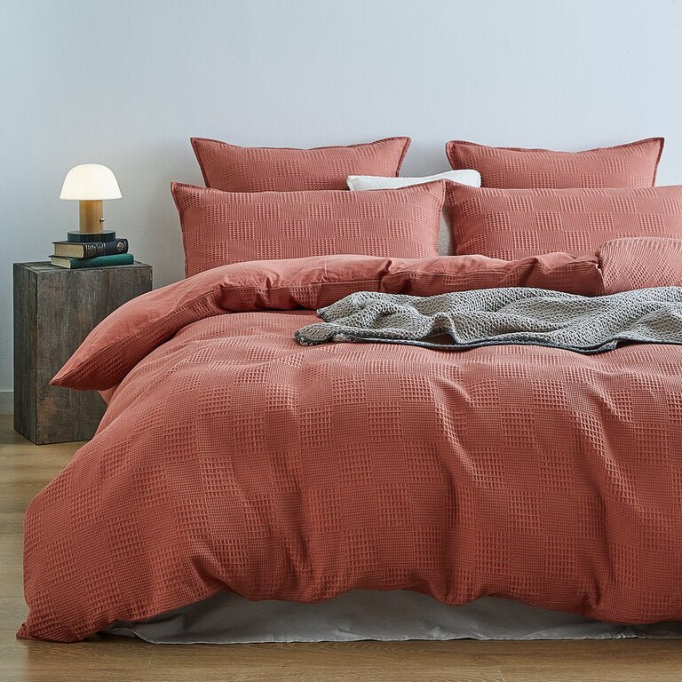 100% Cotton checkered waffle quilt cover set king size -Terracotta - Newstart Furniture