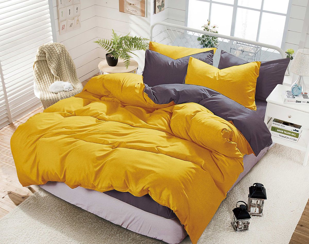 1000TC Reversible King Size Yellow and Grey Duvet Doona Quilt Cover Set - Newstart Furniture