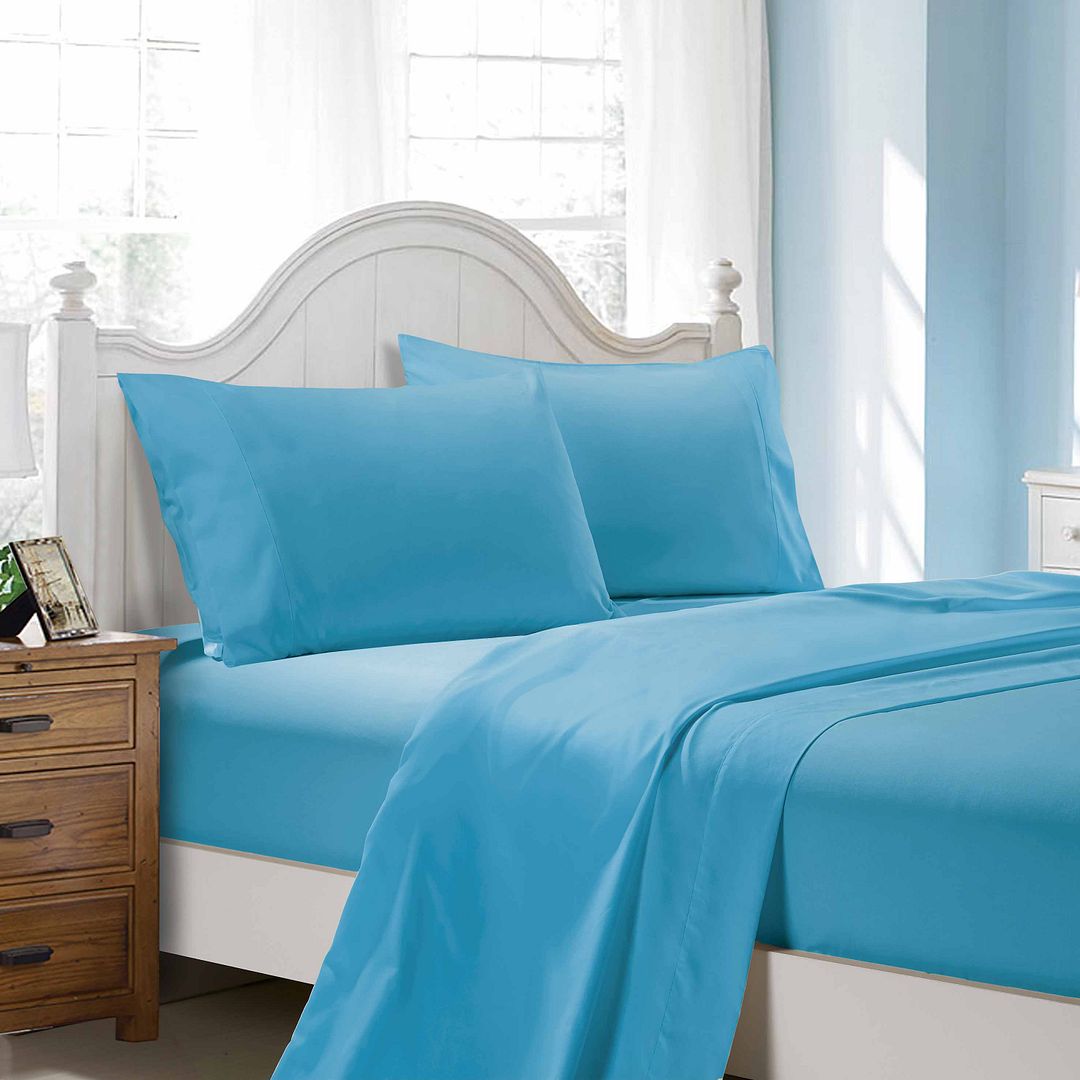 1000TC Ultra Soft Double Size Bed Light Blue Flat & Fitted Sheet Set - Newstart Furniture