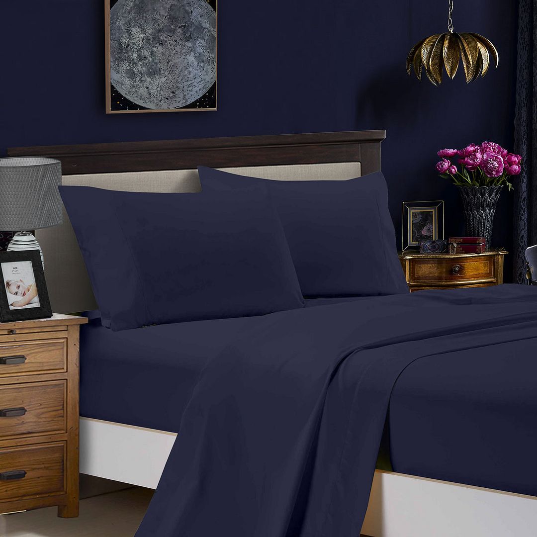 1000TC Ultra Soft Double Size Bed Midnight Blue Flat & Fitted Sheet Set - Newstart Furniture