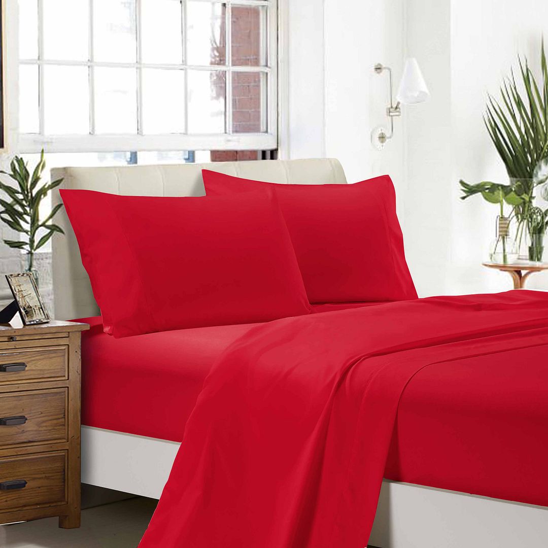 1000TC Ultra Soft Double Size Bed Red Flat & Fitted Sheet Set - Newstart Furniture