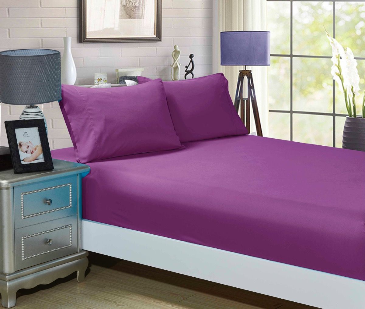 1000TC Ultra Soft Fitted Sheet & 2 Pillowcases Set - Double Size Bed - Purple - Newstart Furniture