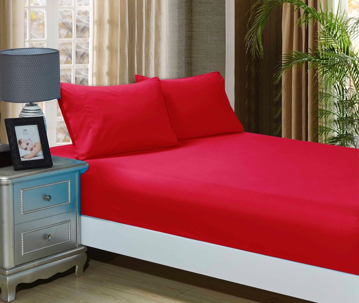 1000TC Ultra Soft Fitted Sheet & 2 Pillowcases Set - Double Size Bed - Red - Newstart Furniture